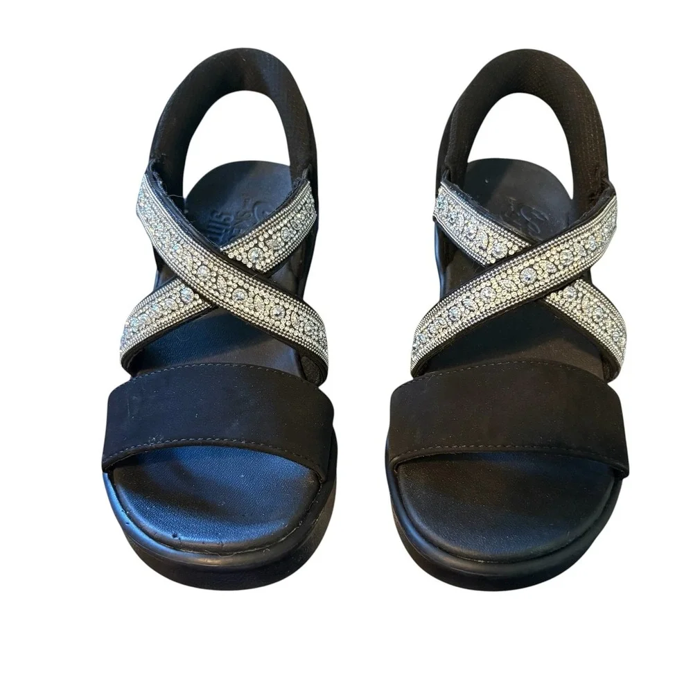Skechers Cali Slip-ins Wedge Sandals Size 6 Womens Black Rhinestone Strappy‎